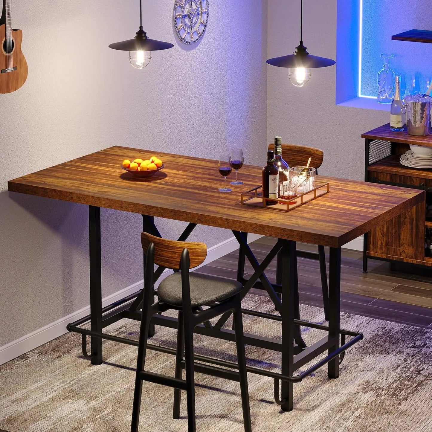 Industrial Bar Table 63 With Solid Wood Top And Footrest