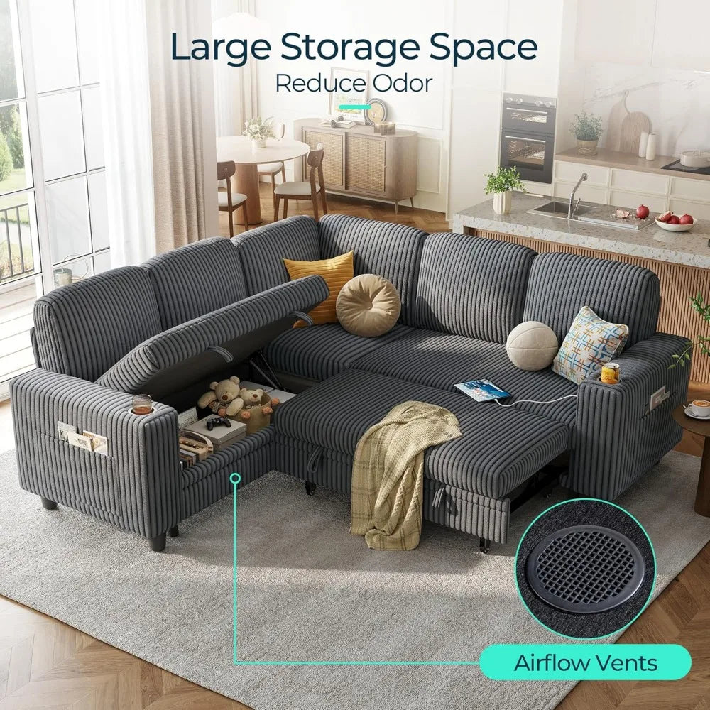 Corduroy Sectional Sleeper Sofa With Storage USB Charging