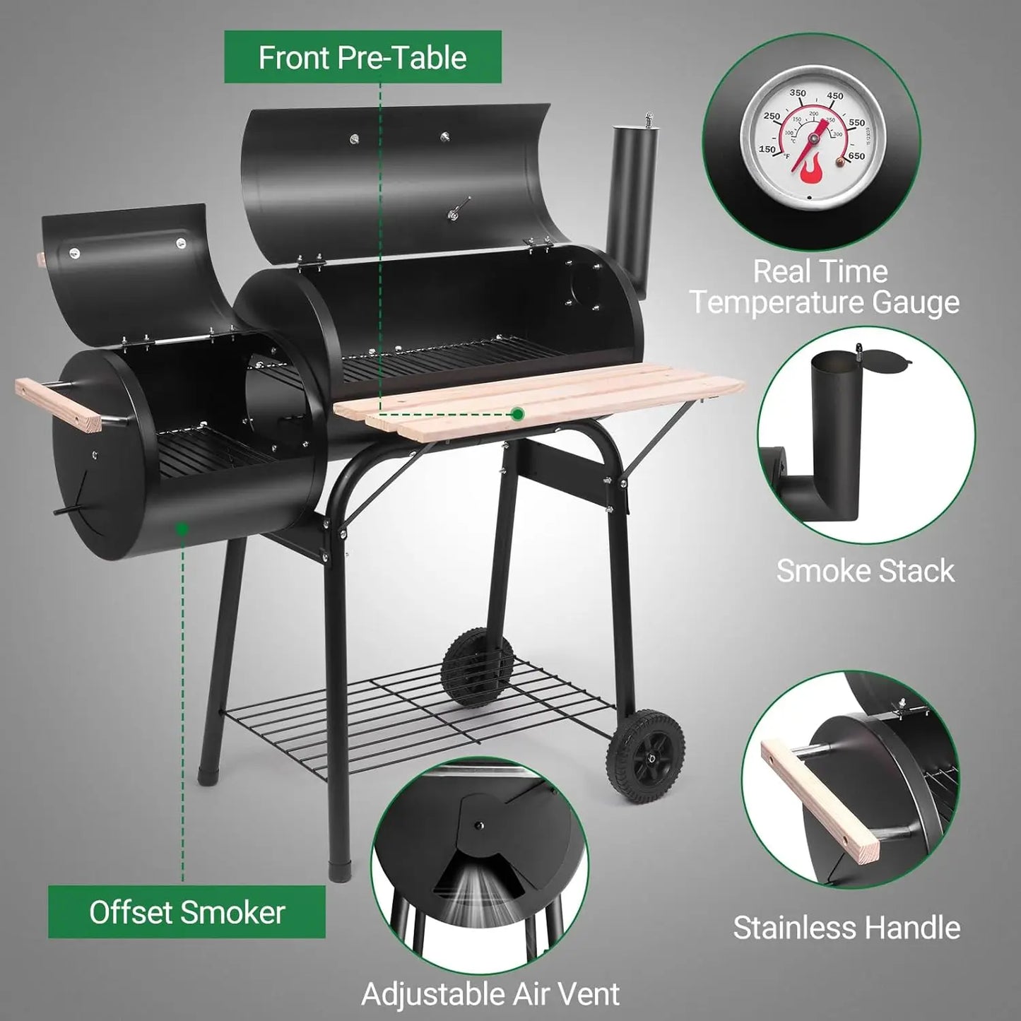 BBQ Charcoal Grill Outdoor Offset Smoker With Wheels