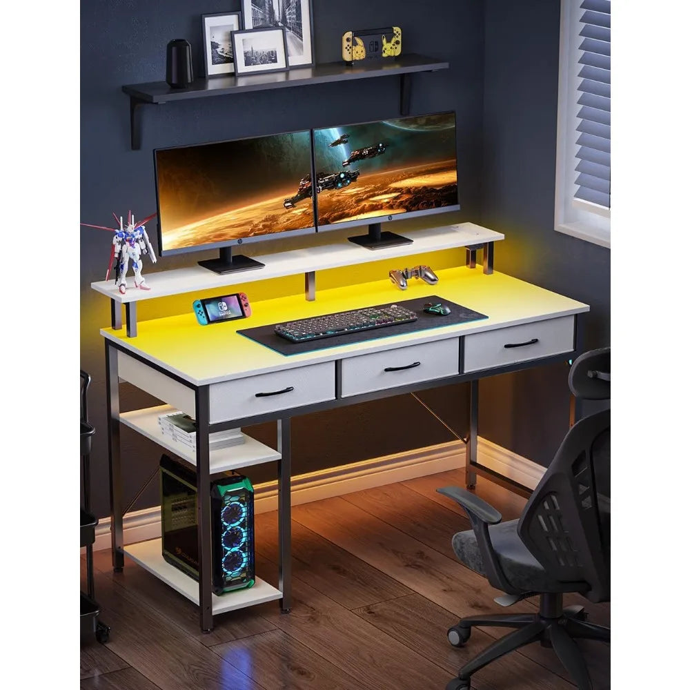 Space-Saving Computer Desk with Power Outlets and LED Lighting