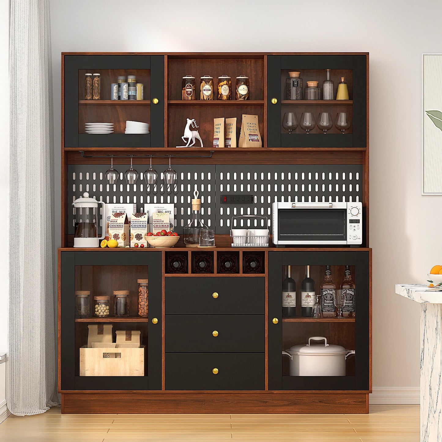 Modern Black Kitchen Storage Cabinet with Power Outlet and Pegboard