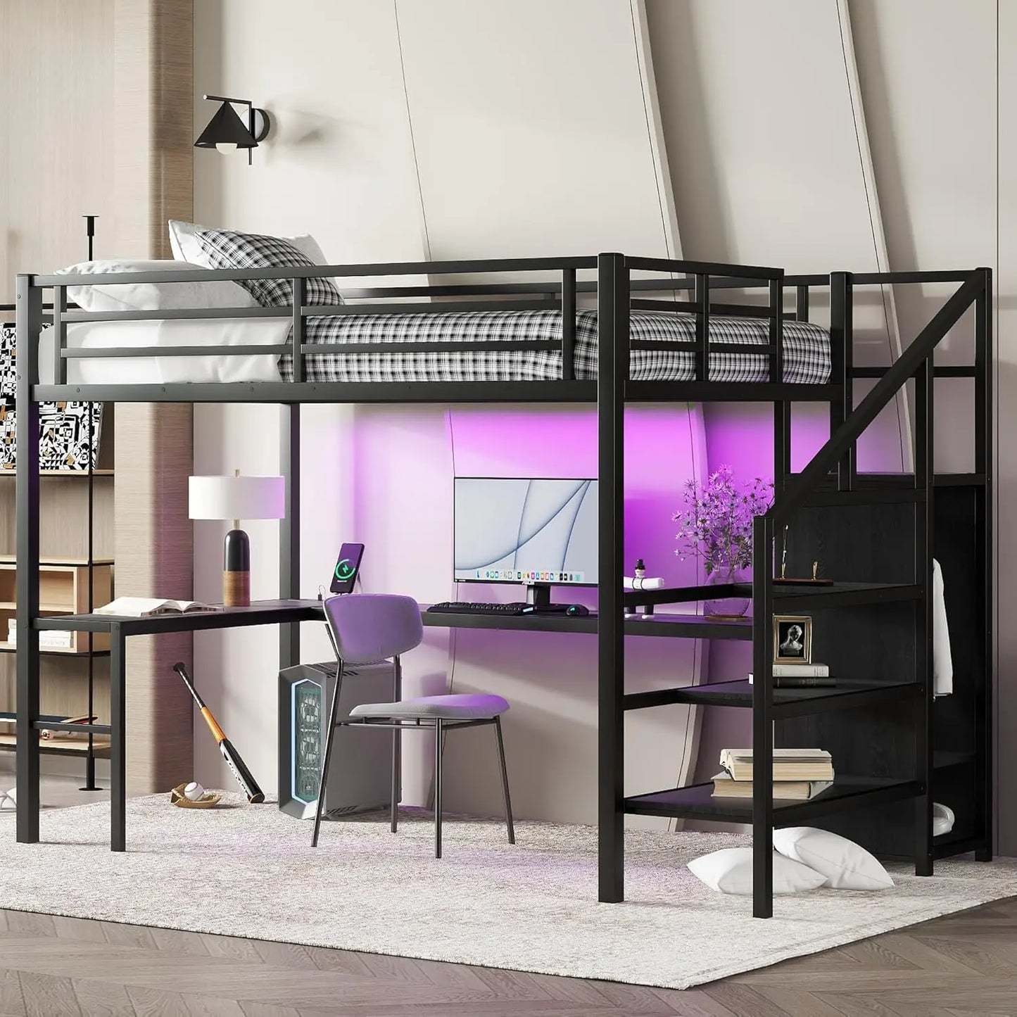 Full Size Metal Loft Bed With Desk Wardrobe Led Lights