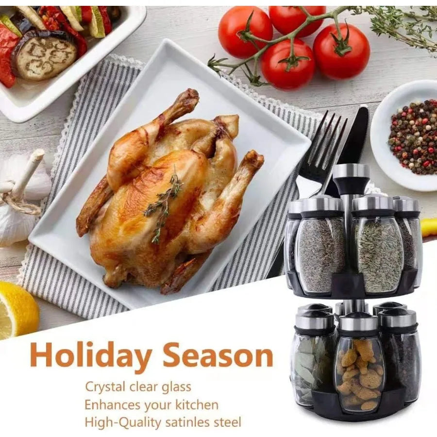 Revolving Spice Rack Organizer with 12 Glass Jar Bottles