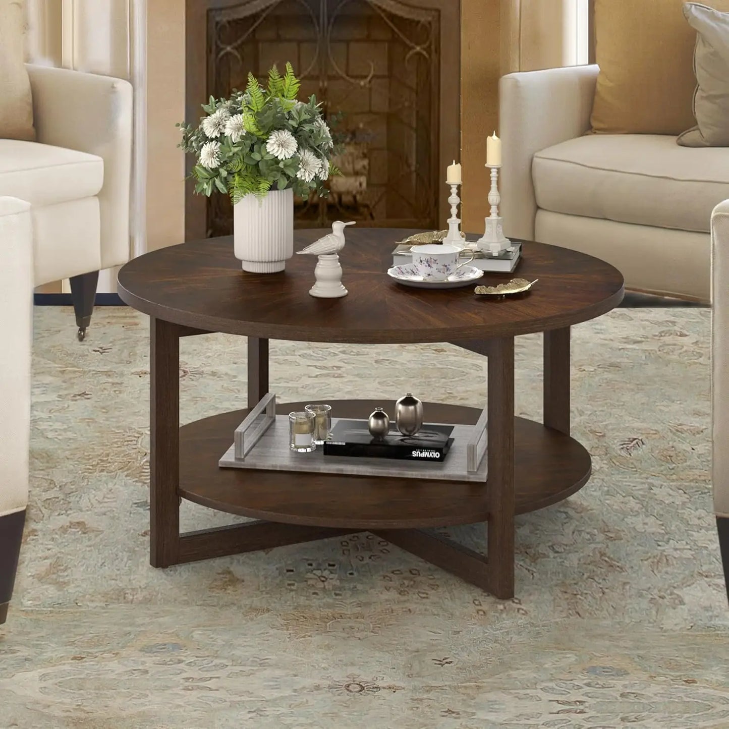 Rustic Modern Round Coffee Table with 2-Tier Storage