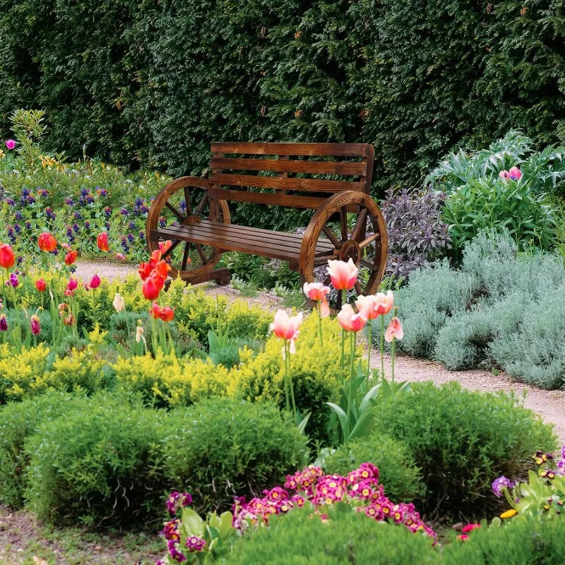 Rustic Wooden Wheel Bench for Charming Outdoor Spaces
