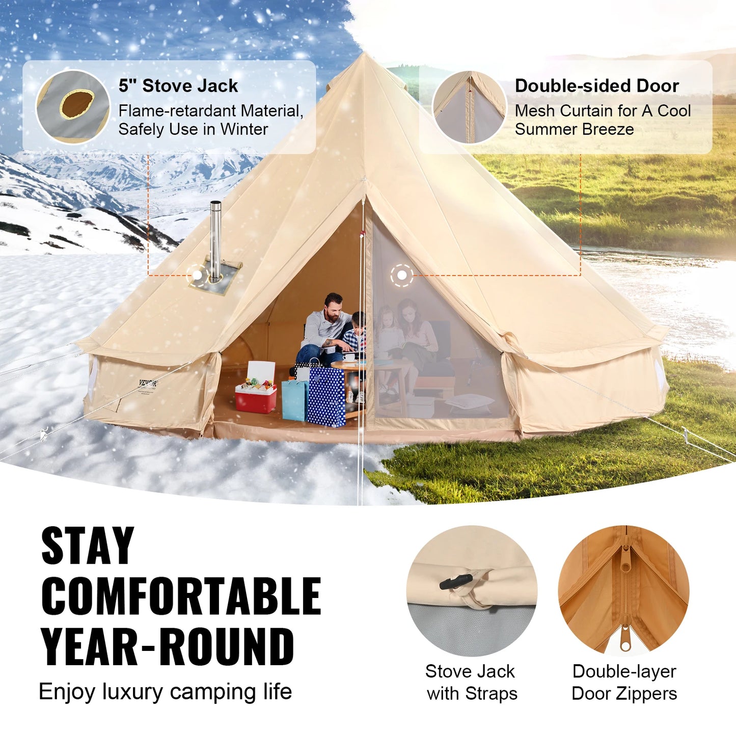 VEVOR Canvas Bell Tent All Season Camping Holds Eight People