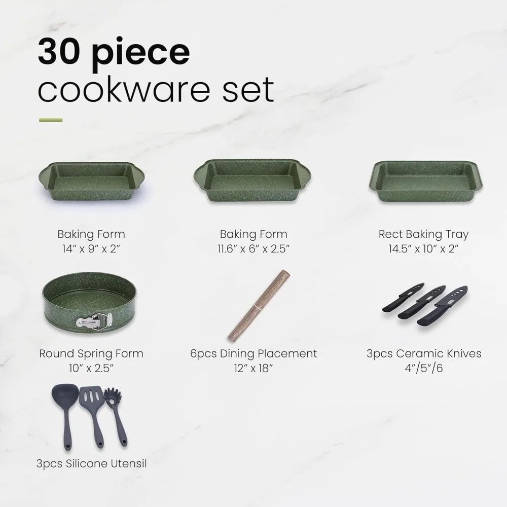 30 Piece Nonstick Cookware Set with Elegant Granite Design