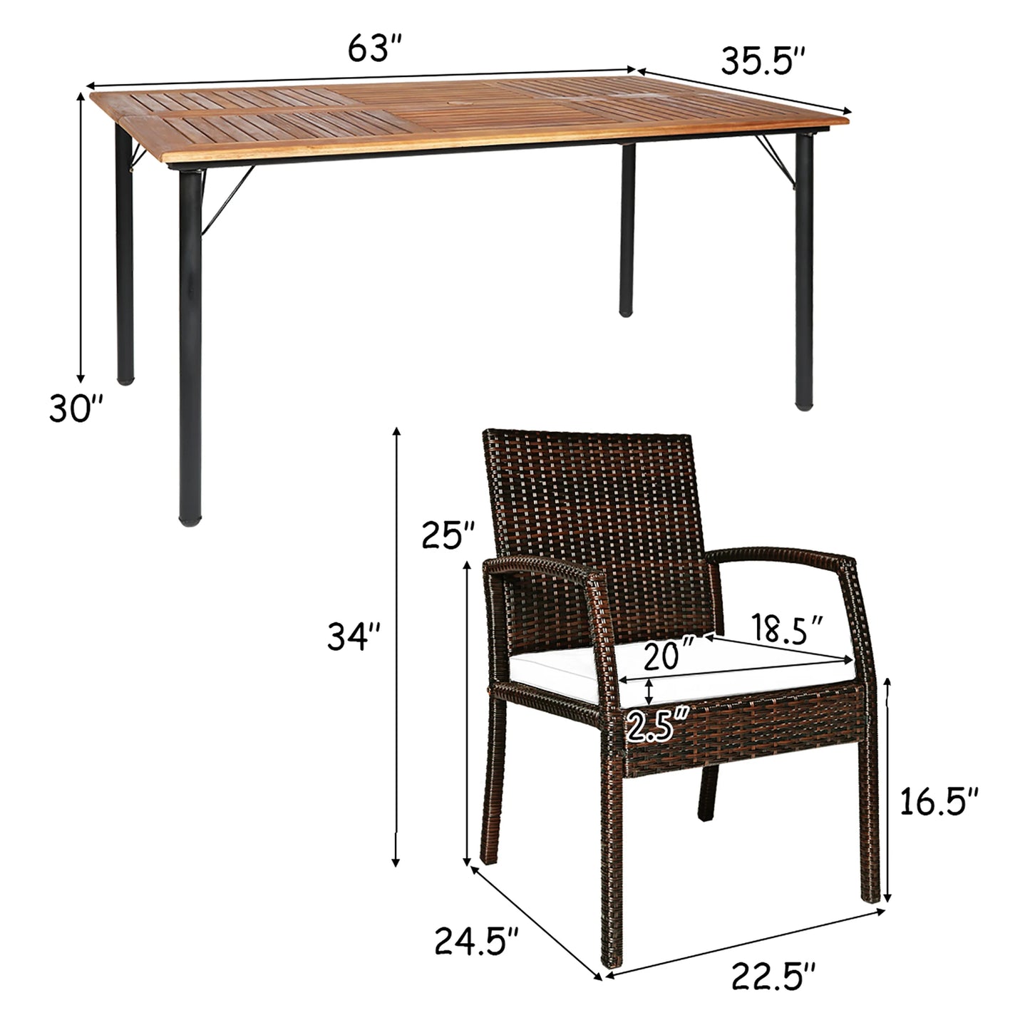 Elegant 7PCS Rattan Patio Dining Set with Wooden Top