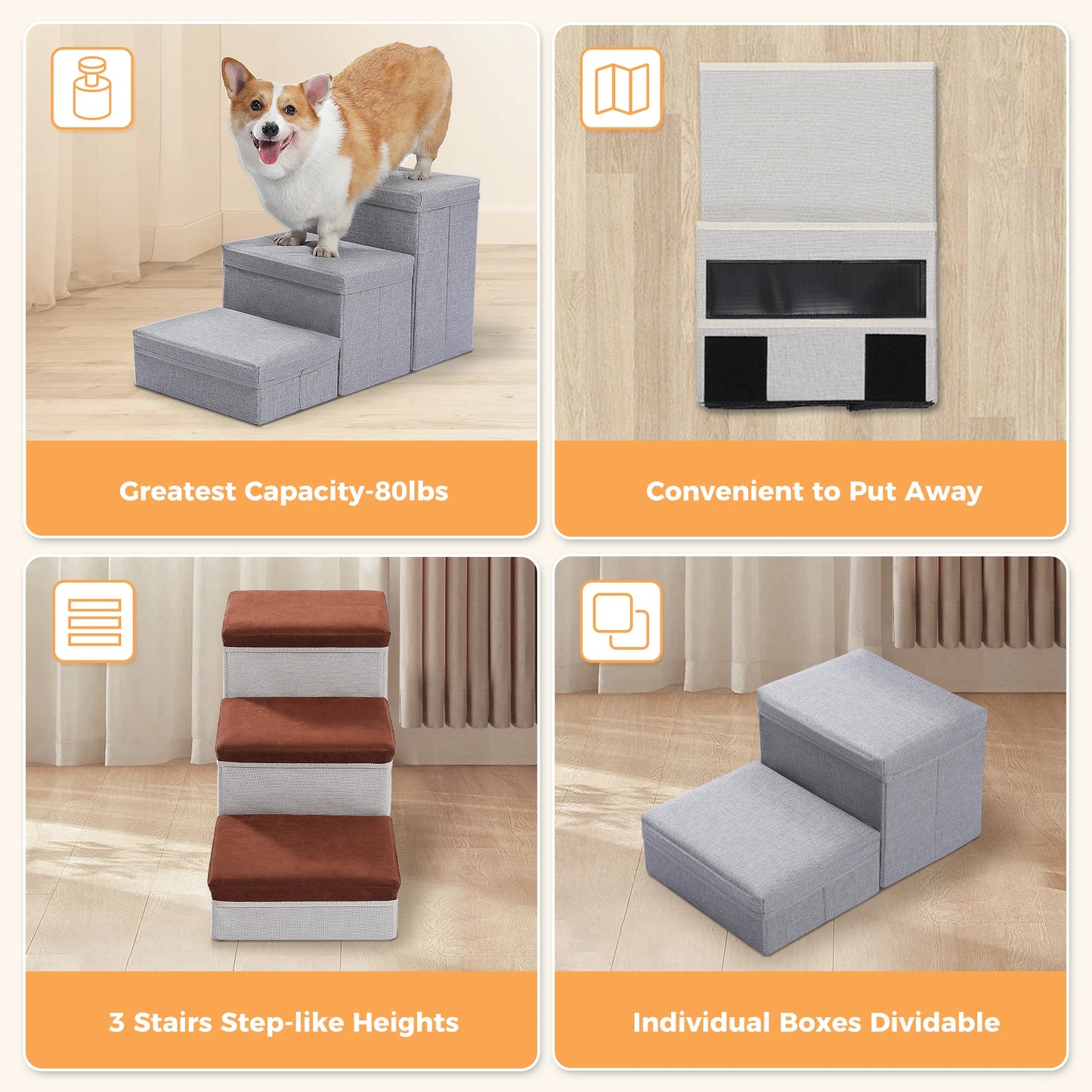 Foldable Dog Stairs With Storage Box Adjustable Height