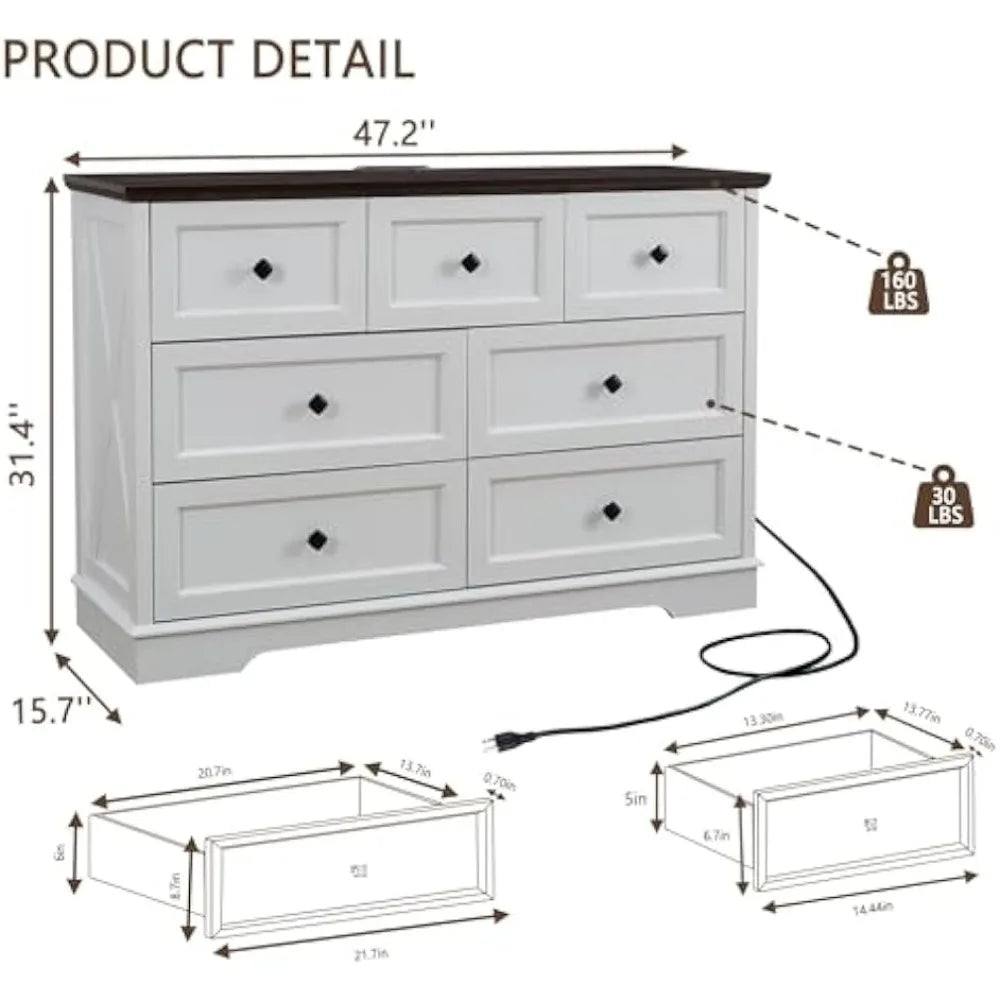Farmhouse 7 Drawer Dresser With Charging Station White