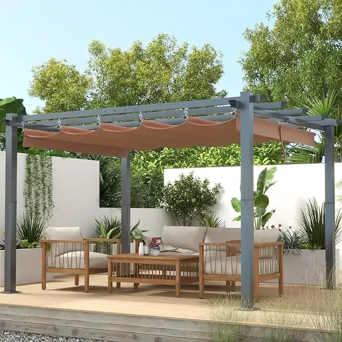 Outdoor Pergola With Adjustable Roof And Brown Shade Cover