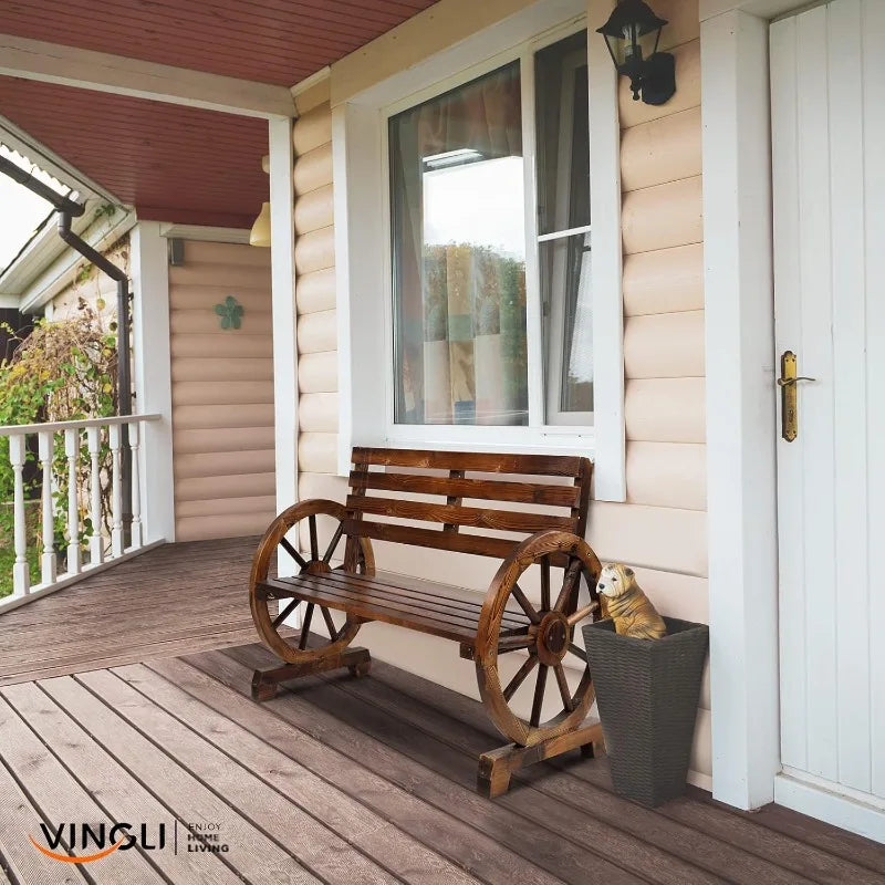 Rustic Wooden Wheel Bench for Charming Outdoor Spaces