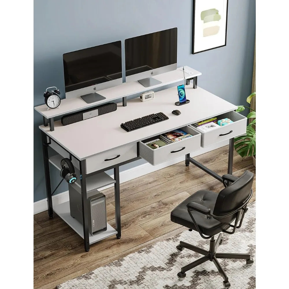 Space-Saving Computer Desk with Power Outlets and LED Lighting