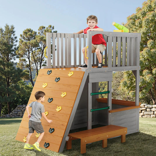 Large Wooden Kids Playhouse with Lookout and Climbing Ramp