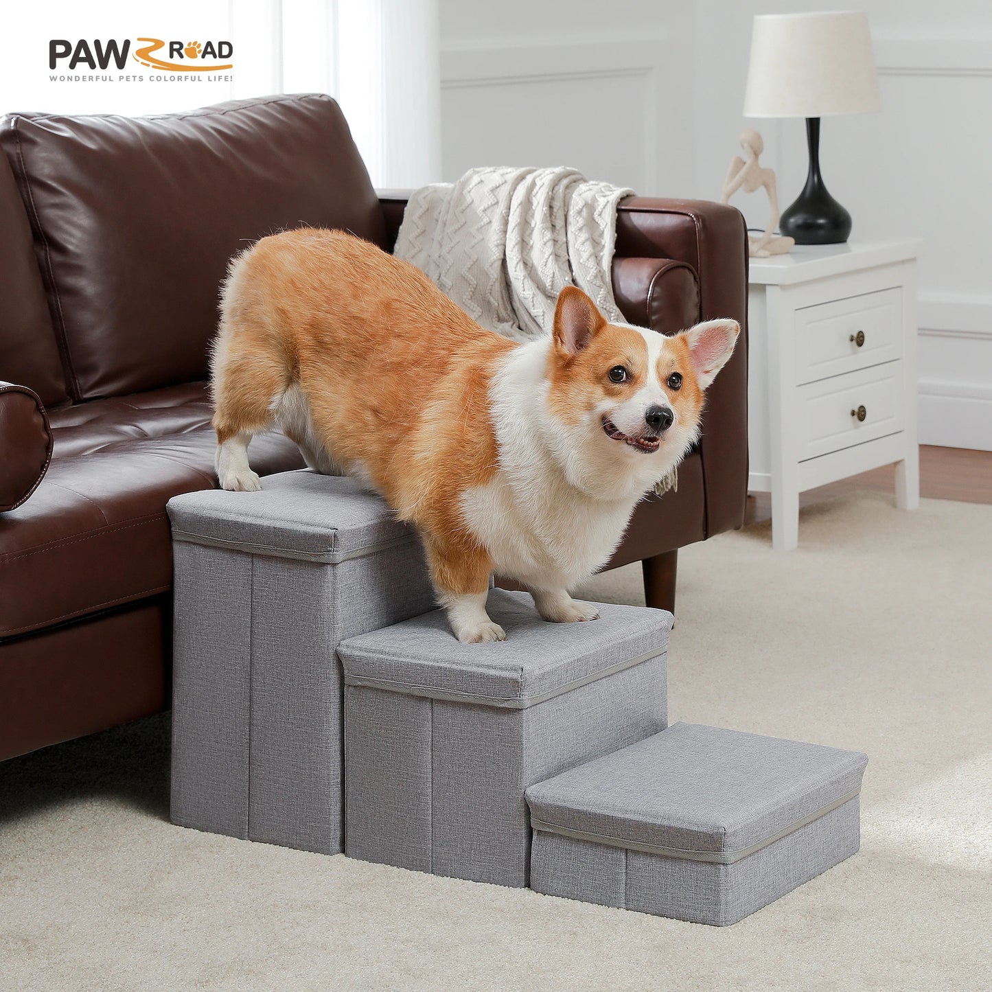 Foldable Dog Stairs With Storage Box Adjustable Height