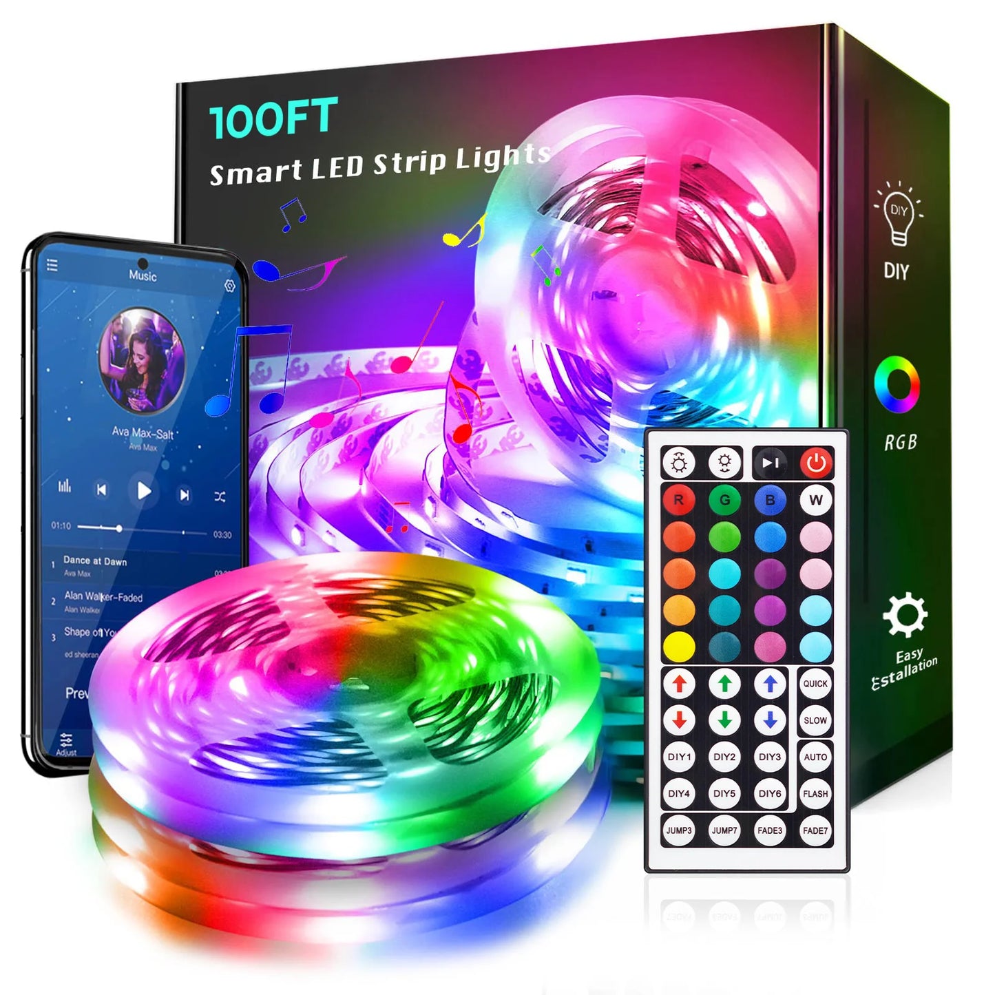 100 Feet LED Strip Lights With Bluetooth RGB Color Changing