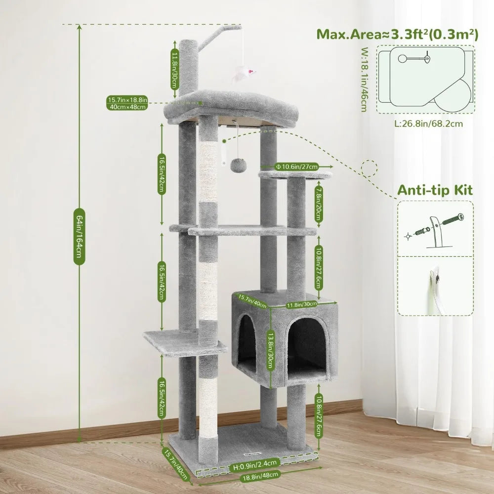 ZHIYONG F64 Cat Tree Tower with Scratching Post for Large Cats