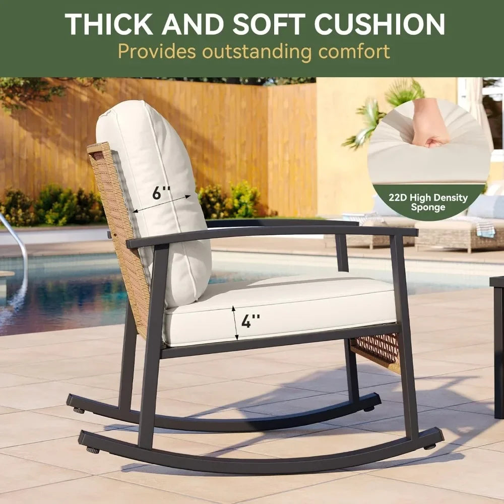 Outdoor Rocking Bistro Set With Cushioned Wicker Chairs