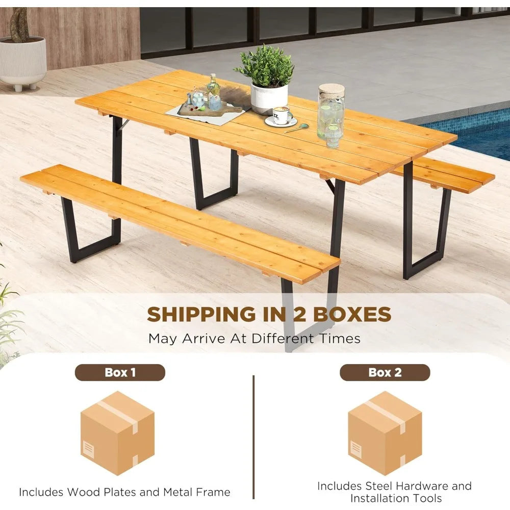 Wood Picnic Table Durable With Bench Set For Outdoor Patio