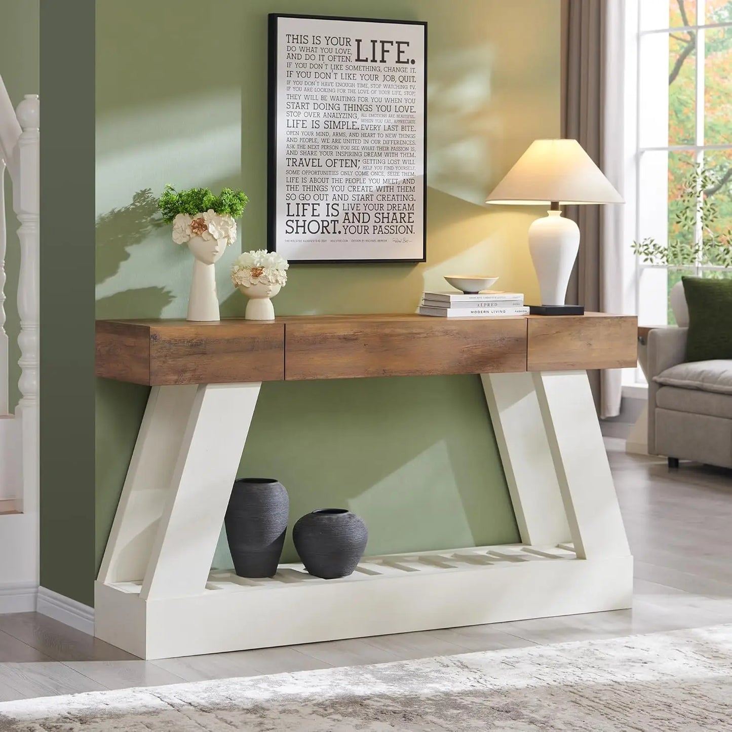 Farmhouse Entryway Console Table With Durable Drawer