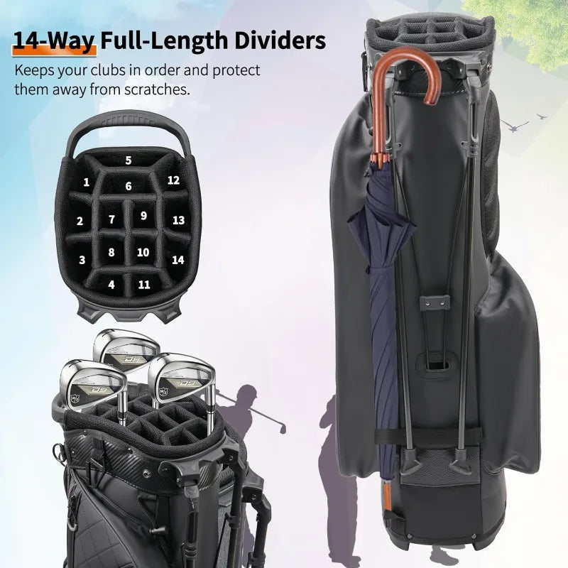 Golf Stand Bag With 14 Way Dividers PU Leather Luxury