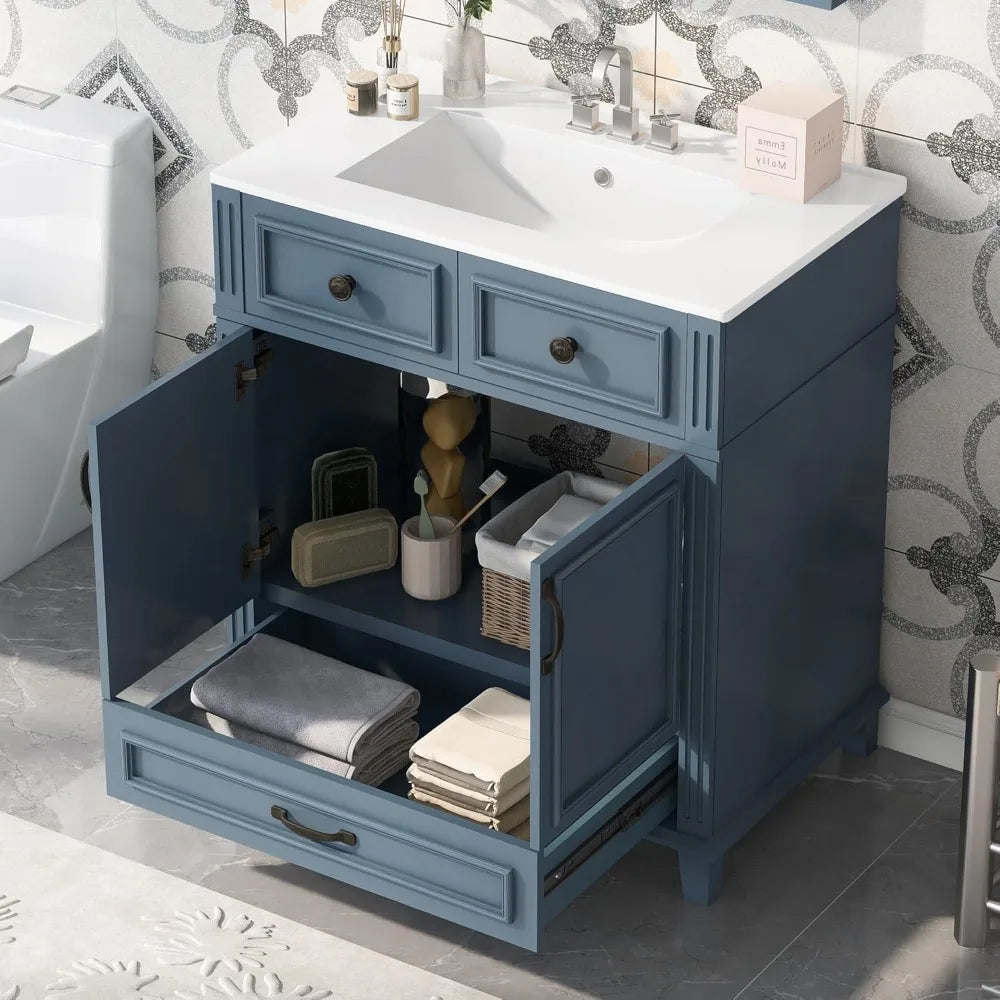 30 Inch Blue Solid Wood Vanity with Sink and Storage Space