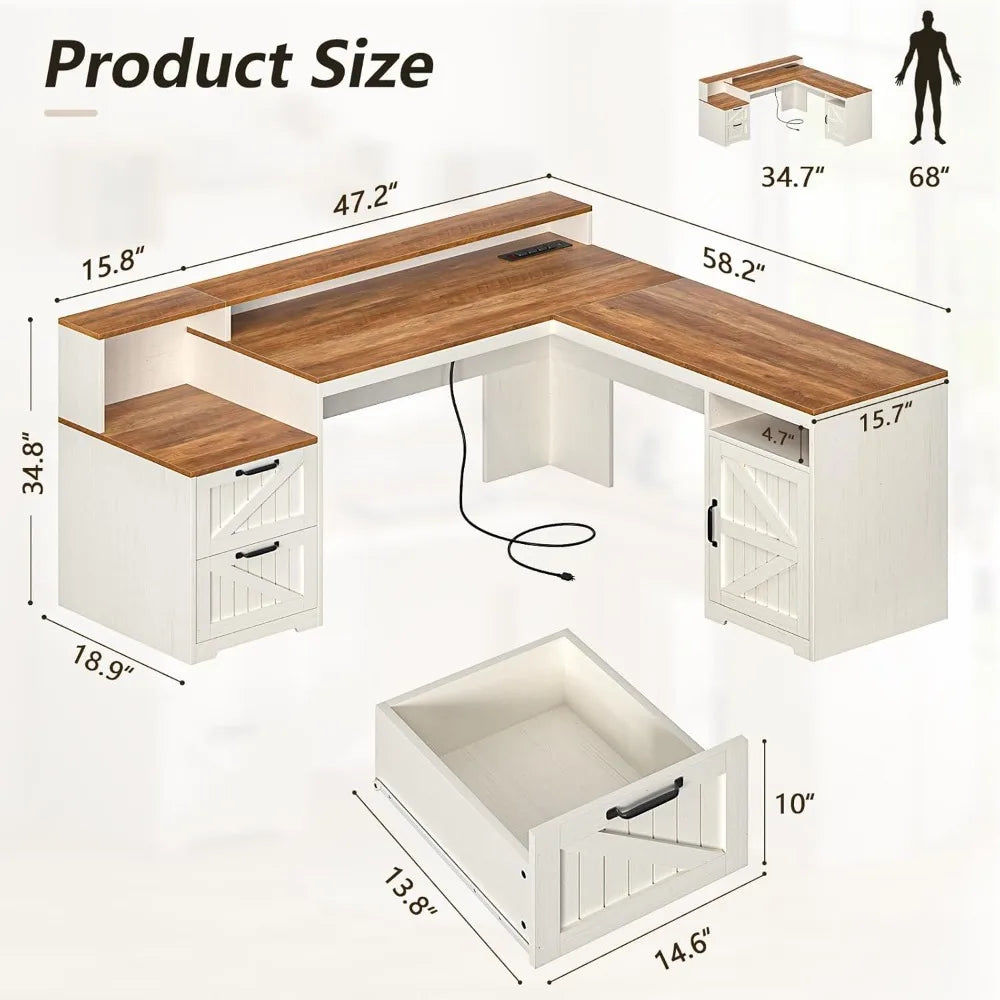 DAFIFY 63 Inch Farmhouse L Shaped Desk with Power Outlets