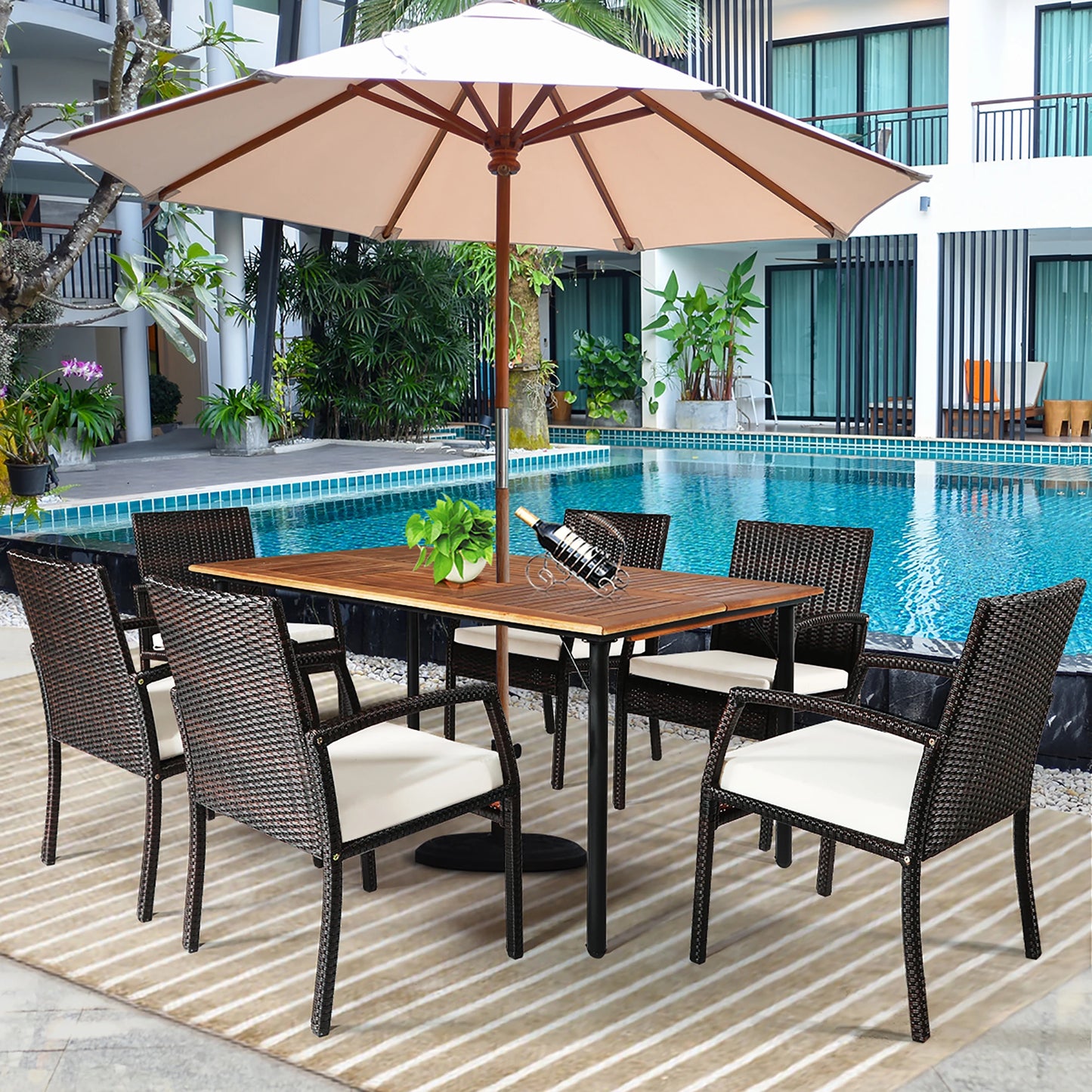 Elegant 7PCS Rattan Patio Dining Set with Wooden Top