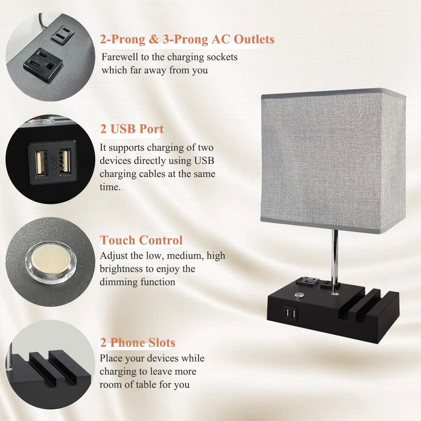 SZRSTH Bedside Table Lamp with Dual Fast USB Charging