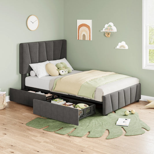 Elegant Full Size Bed Frame with Adjustable Headboard and Storage Drawers