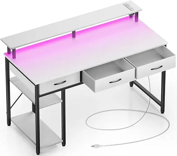 Space-Saving Computer Desk with Power Outlets and LED Lighting