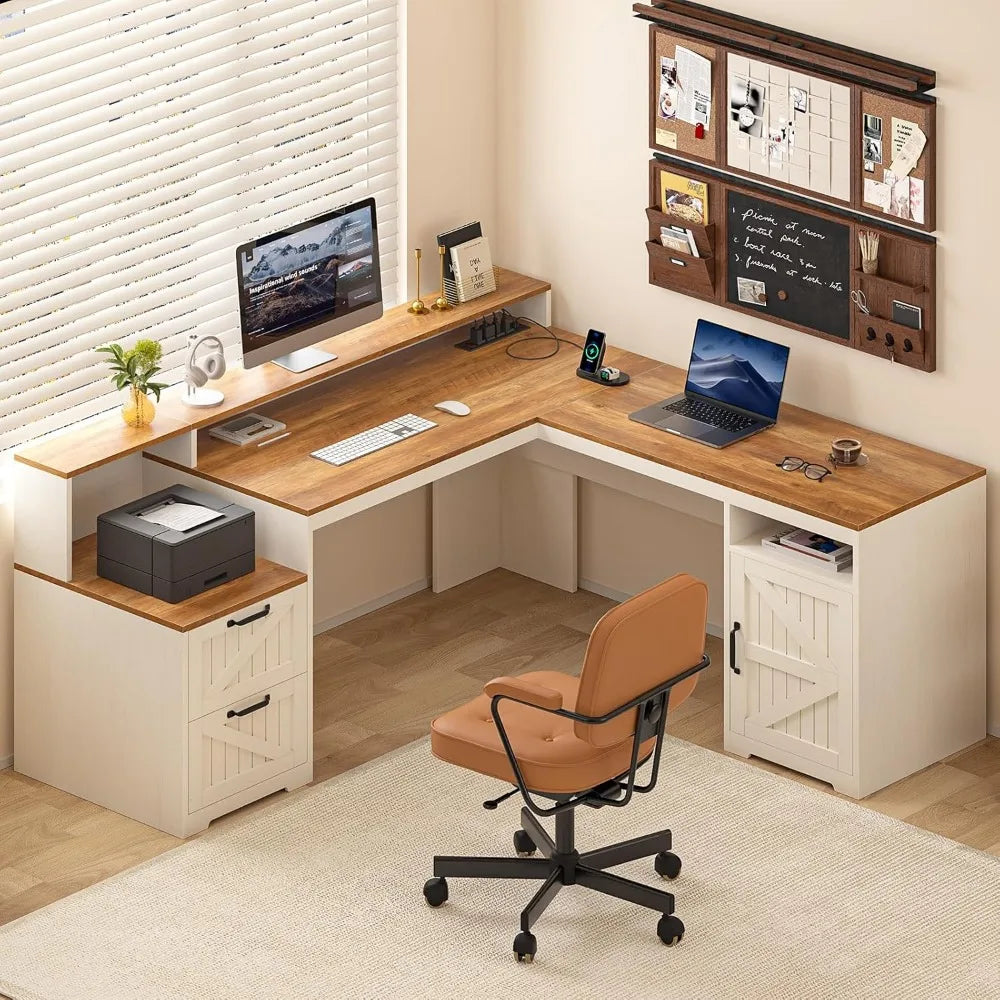 DAFIFY 63 Inch Farmhouse L Shaped Desk with Power Outlets