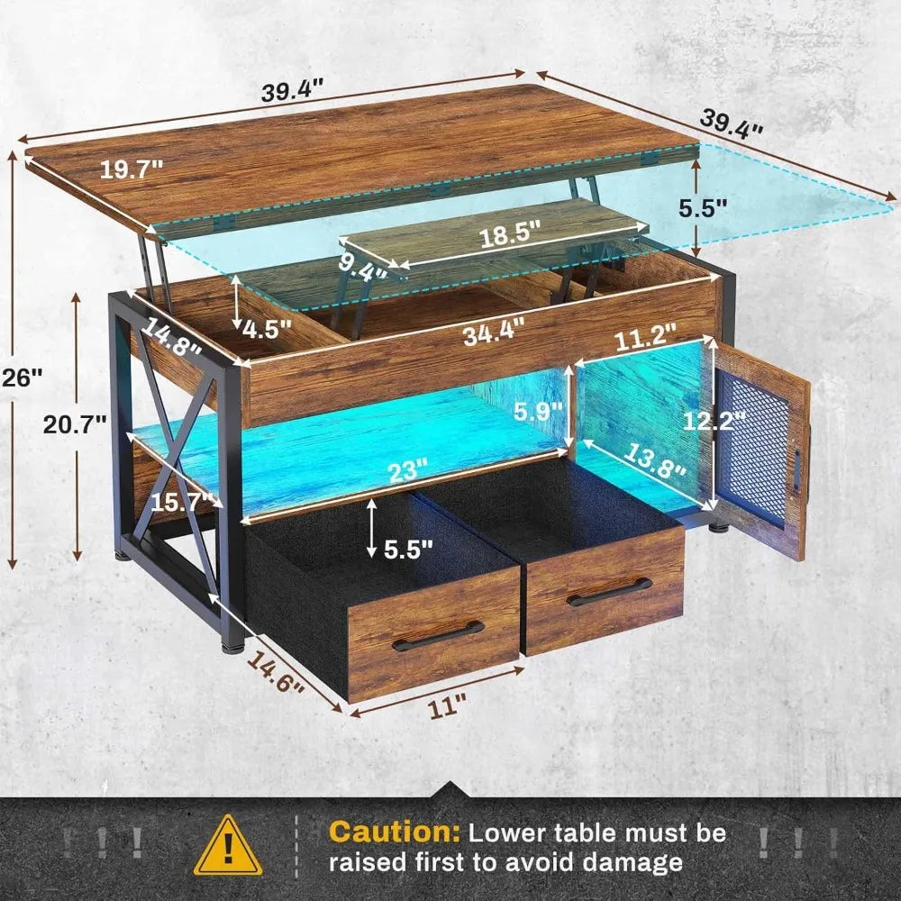 40 Inches Lift Top Coffee Table With Storage And LED
