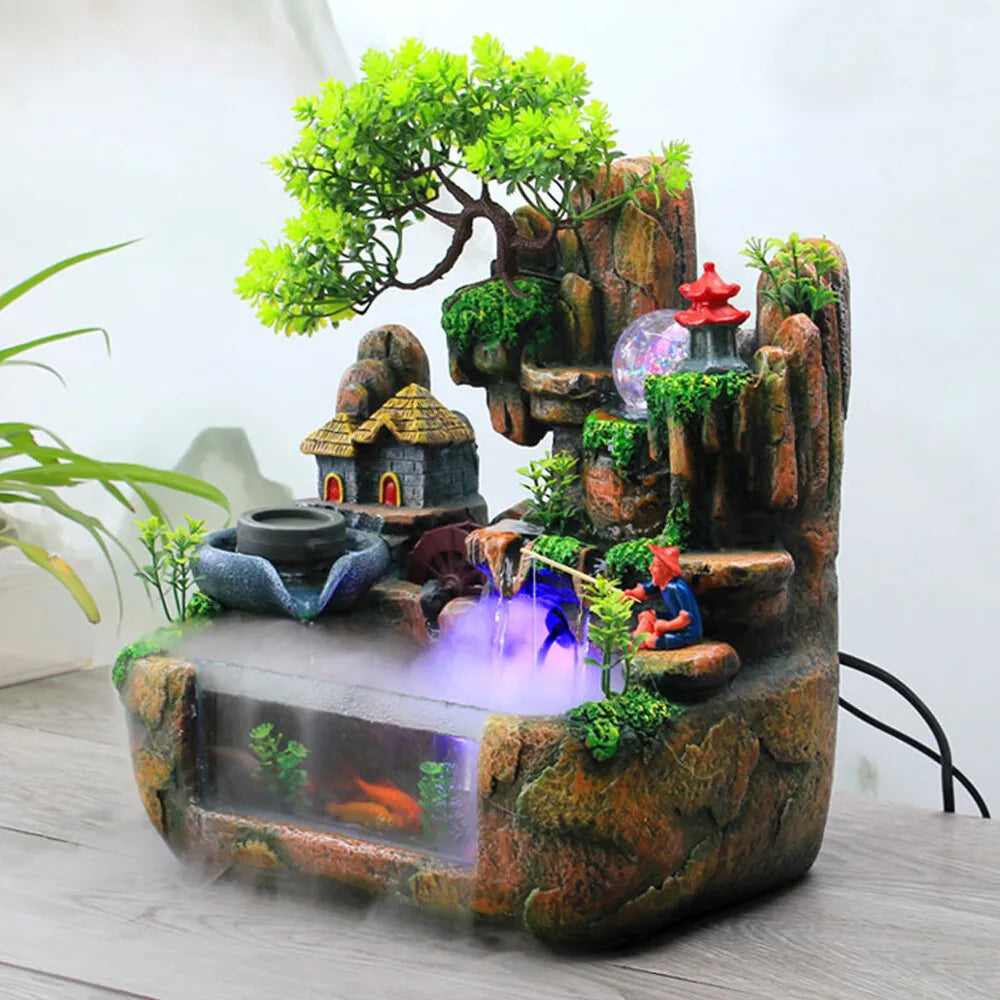Indoor LED Water Fountain With Mist And Resin Rockery
