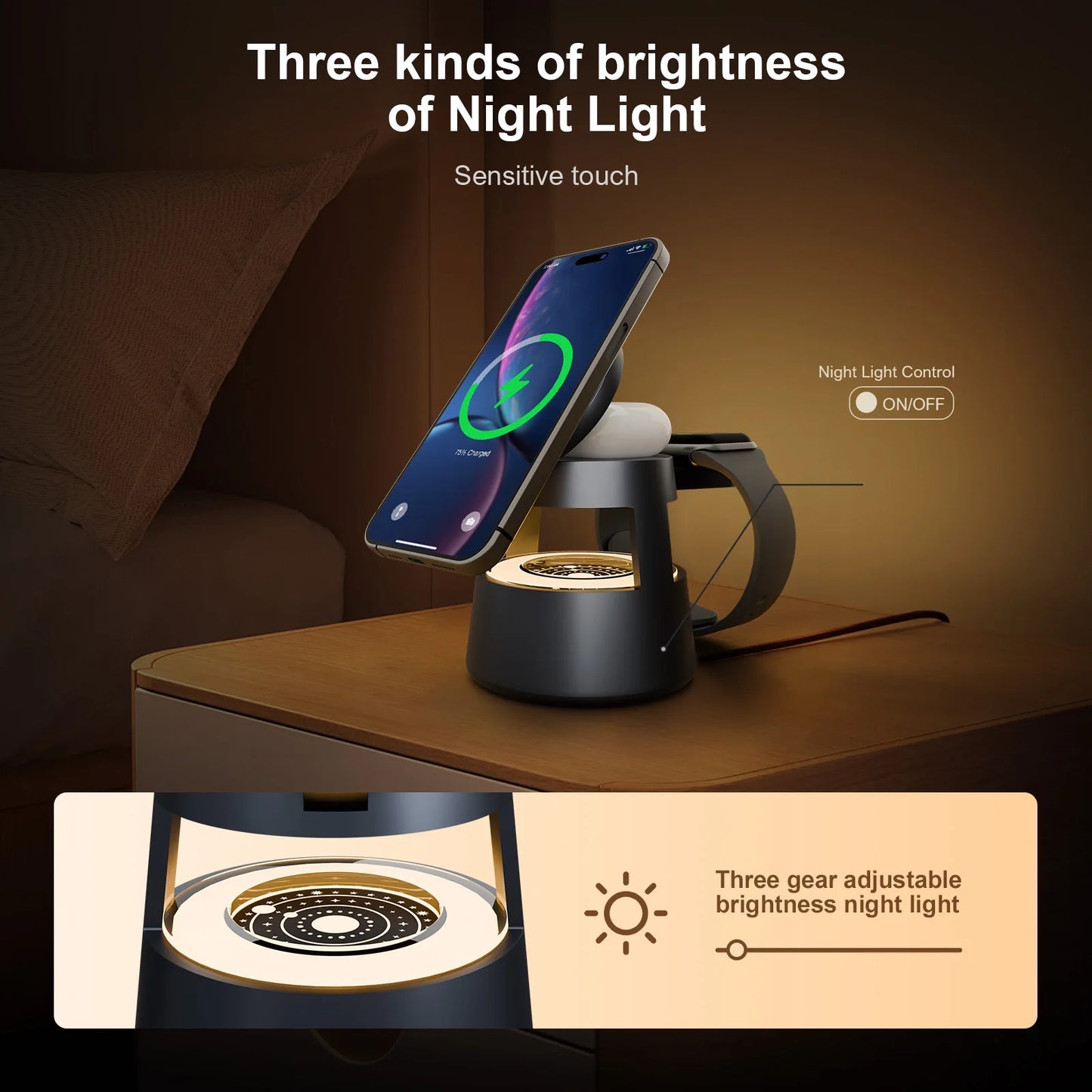 4 In 1 Magnetic Wireless Charger 15W Charging Nightlight