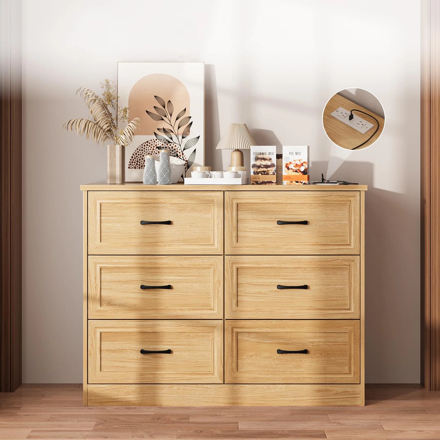 Vabches 6 Drawer Dresser With Power Strip for Stylish Bedroom Storage