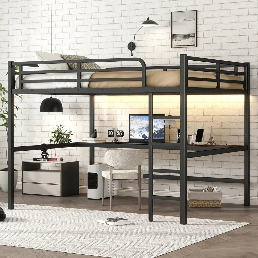 Queen Size Loft Bed With Desk LED And USB Charging