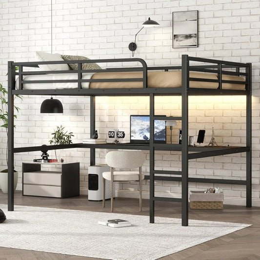 Queen Size Loft Bed With Desk LED And USB Charging