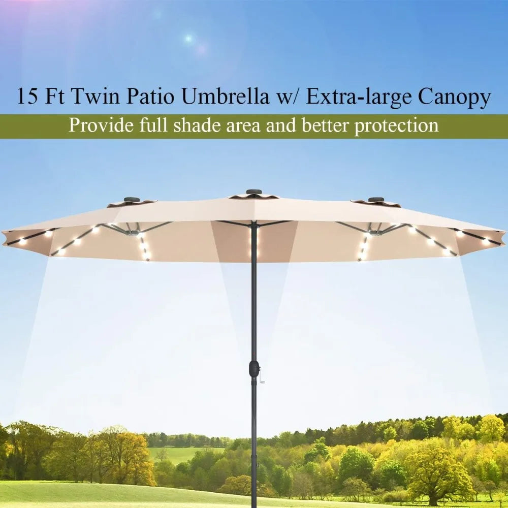 ZHUXIANG 15 Ft Double Sided Patio Umbrella with Solar Lights