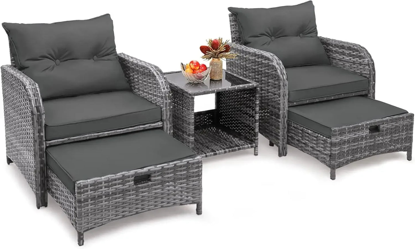 5 Piece Rattan Patio Chairs Set With Ottoman Comfort