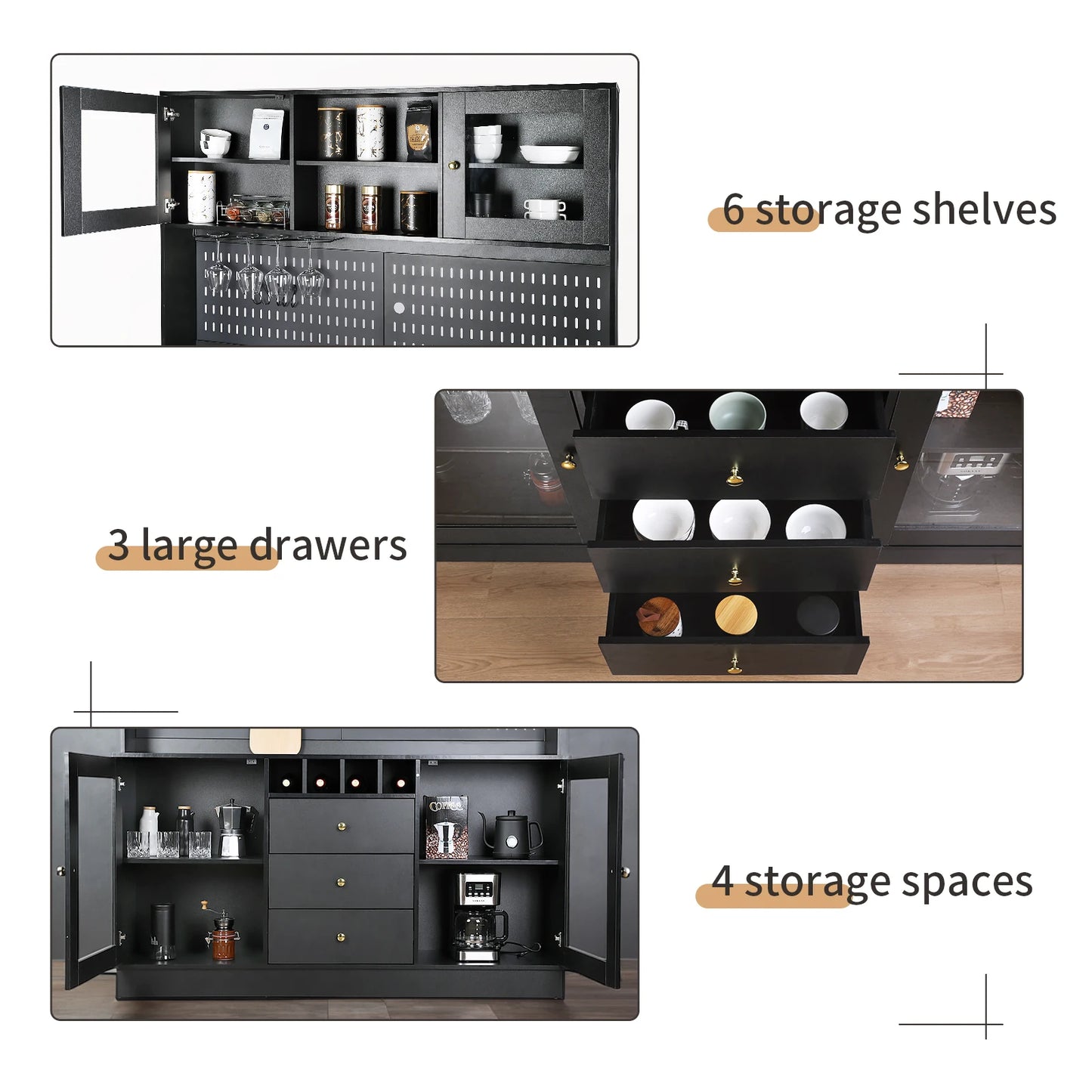 Modern Black Kitchen Storage Cabinet with Power Outlet and Pegboard