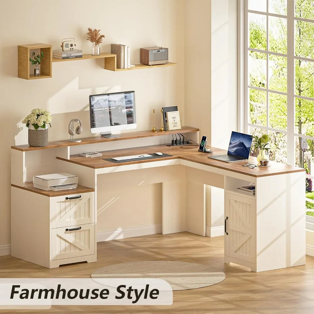 DAFIFY 63 Inch Farmhouse L Shaped Desk with Power Outlets