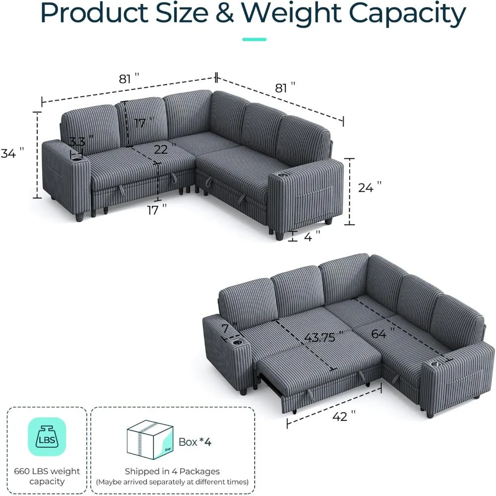 Corduroy Sectional Sleeper Sofa With Storage USB Charging