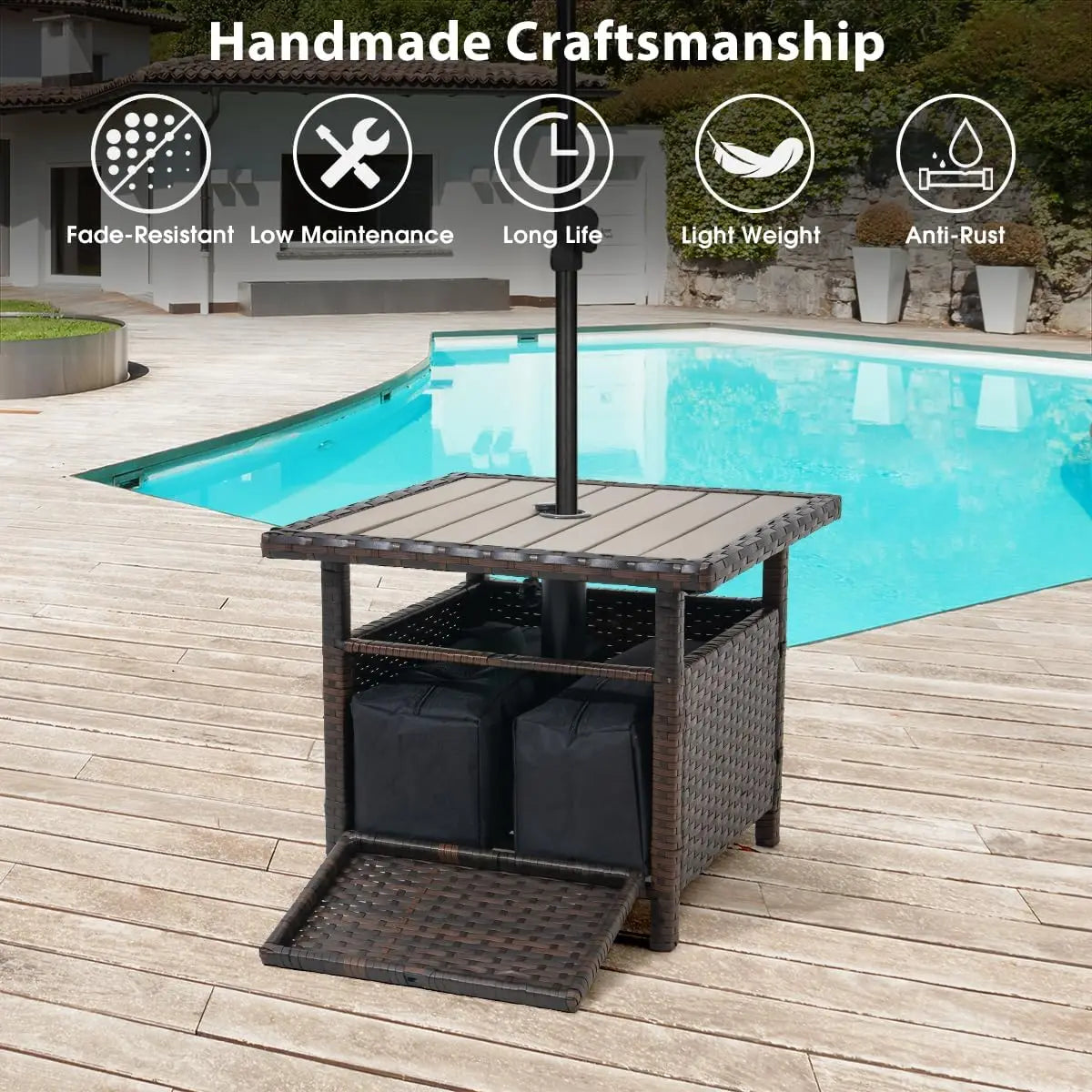 All Weather Wicker Umbrella Stand With Dual Weight Bags