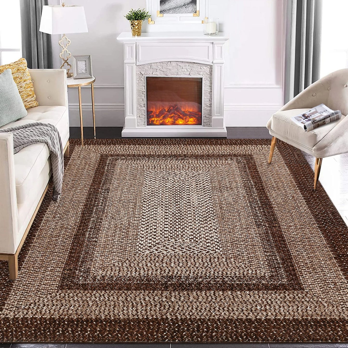 Washable Area Rug Non Slip Braided Print Living Room
