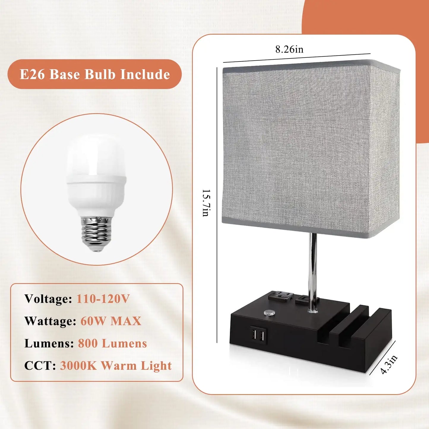 SZRSTH Bedside Table Lamp with Dual Fast USB Charging