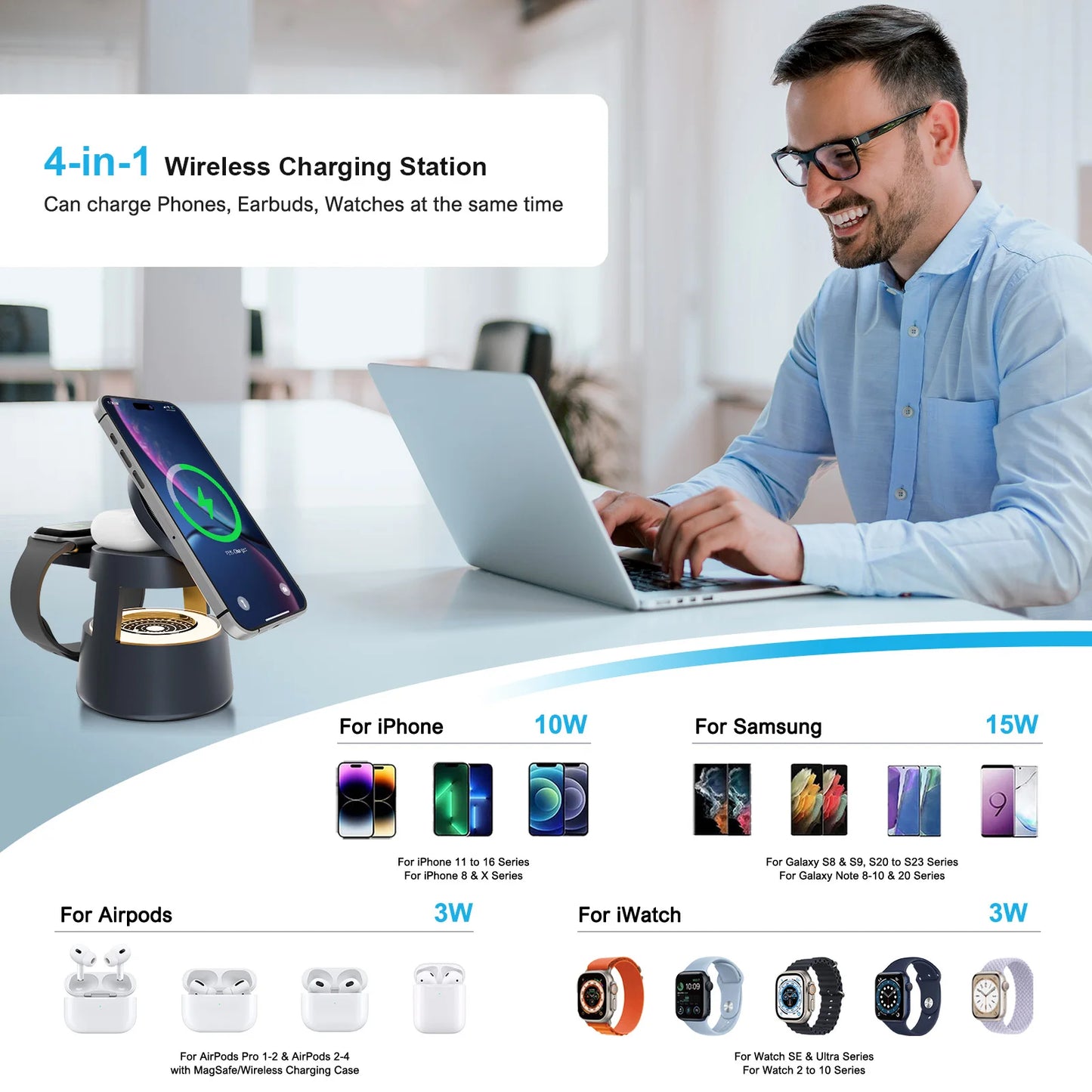 4 In 1 Magnetic Wireless Charger 15W Charging Nightlight