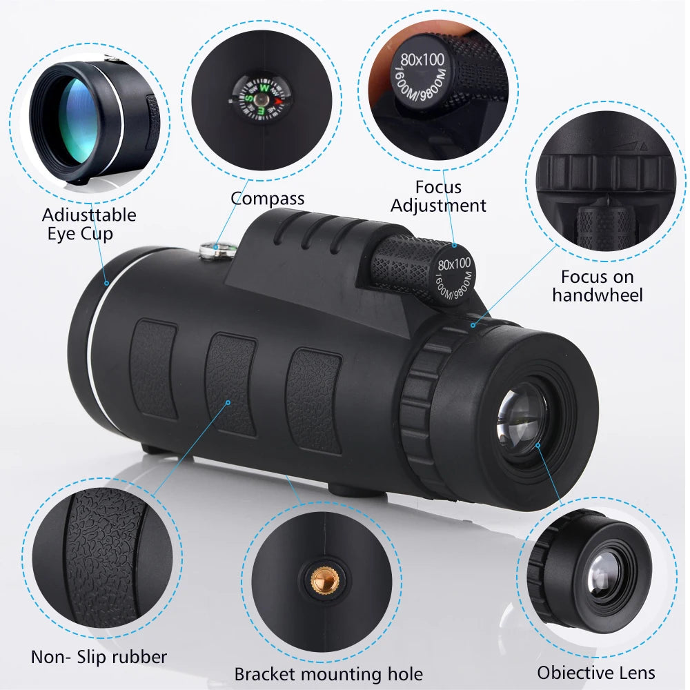 80x100 Zoom Monocular Telescope for Clear Long Range Viewing