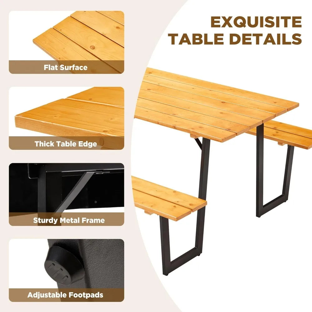 Wood Picnic Table Durable With Bench Set For Outdoor Patio