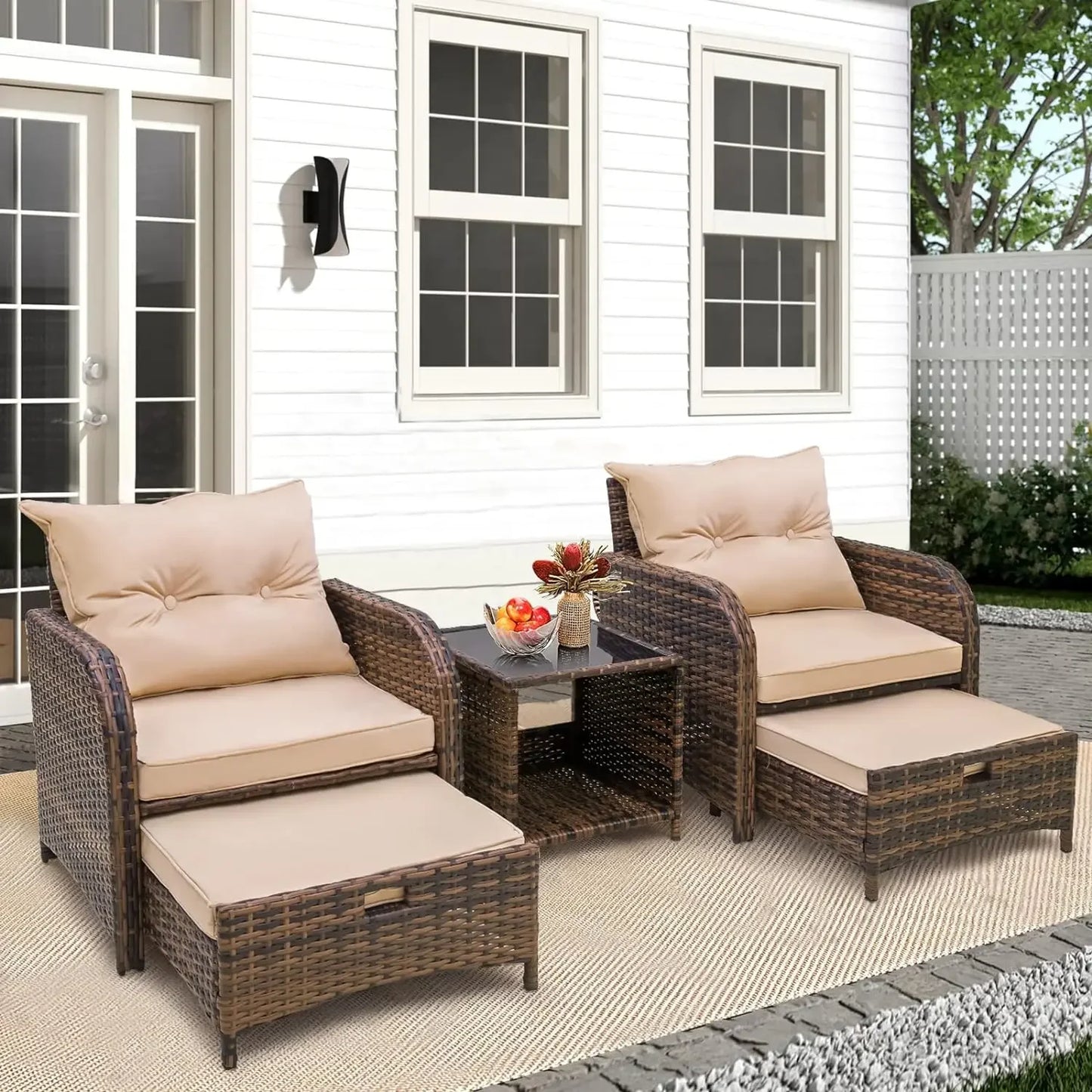 5 Piece Rattan Patio Chairs Set With Ottoman Comfort